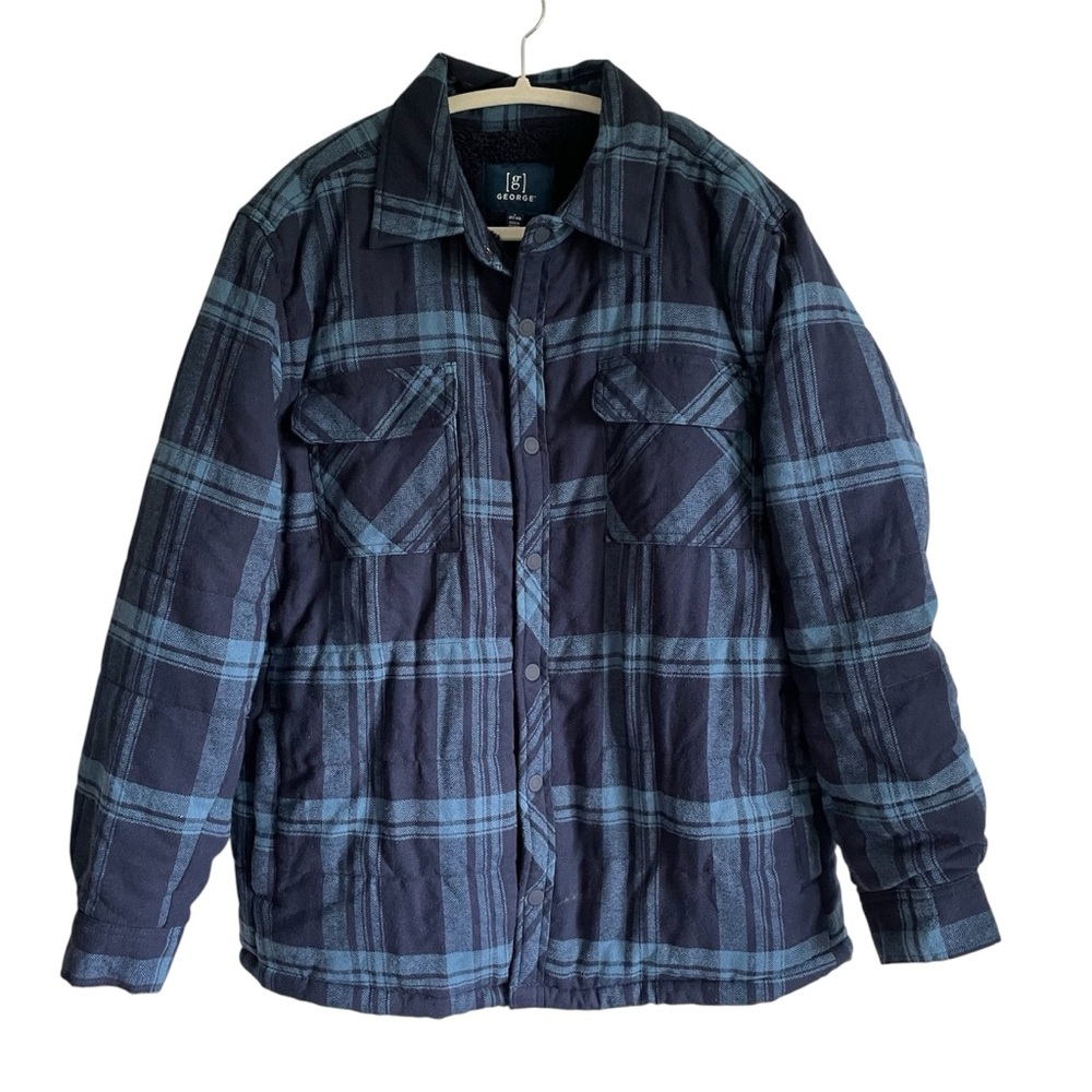 George Solid Blue Plaid Sherpa Lined Collared Long Sleeve Button Down Shirt